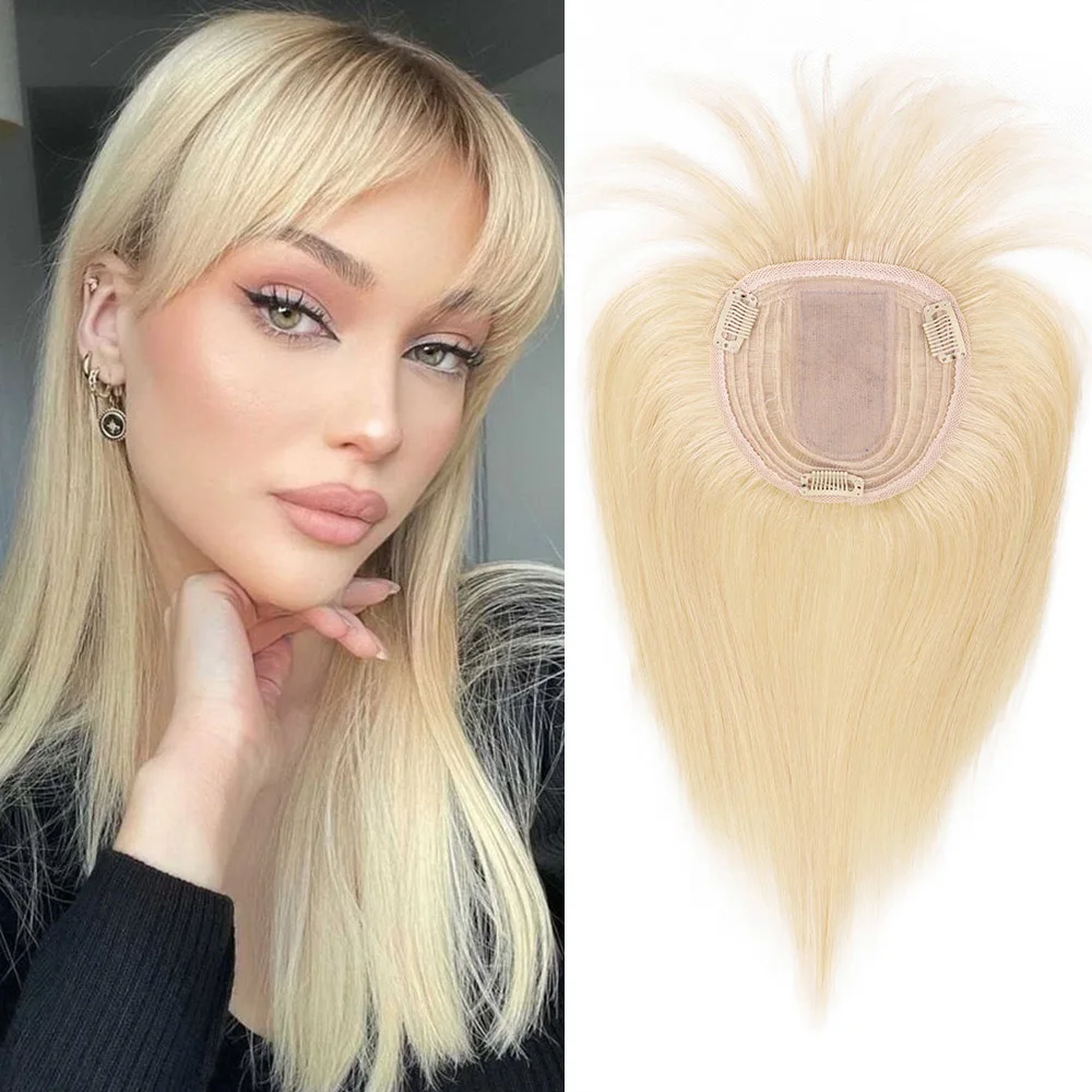 

13x13cm Blonde Human Hair Topper With Bangs For Women 10" 12" 14" Natural Skin Scalp Clip in Topper Hair Pieces Remy Human Hair