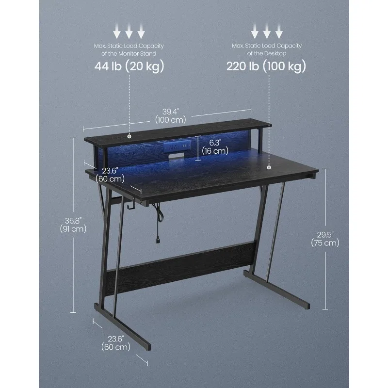 LED Gaming Desk with Power Outlets, Computer Desk with USB Ports, Office Desk with Monitor Stand for 2 Monitors, with Hooks