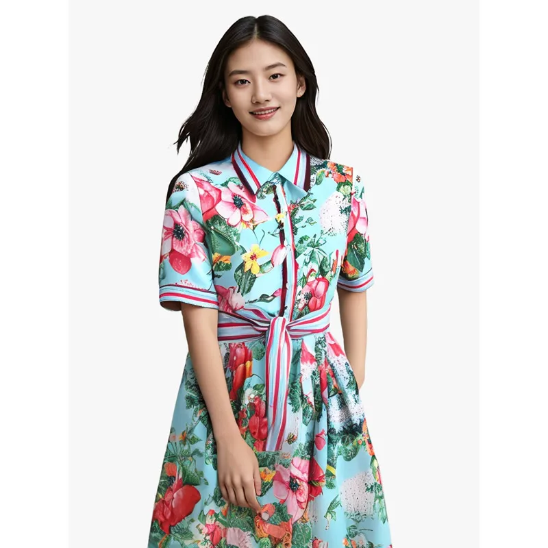 Vestido plissado de manga curta feminino, gola virada para baixo, vestidos estampados com flores verdes