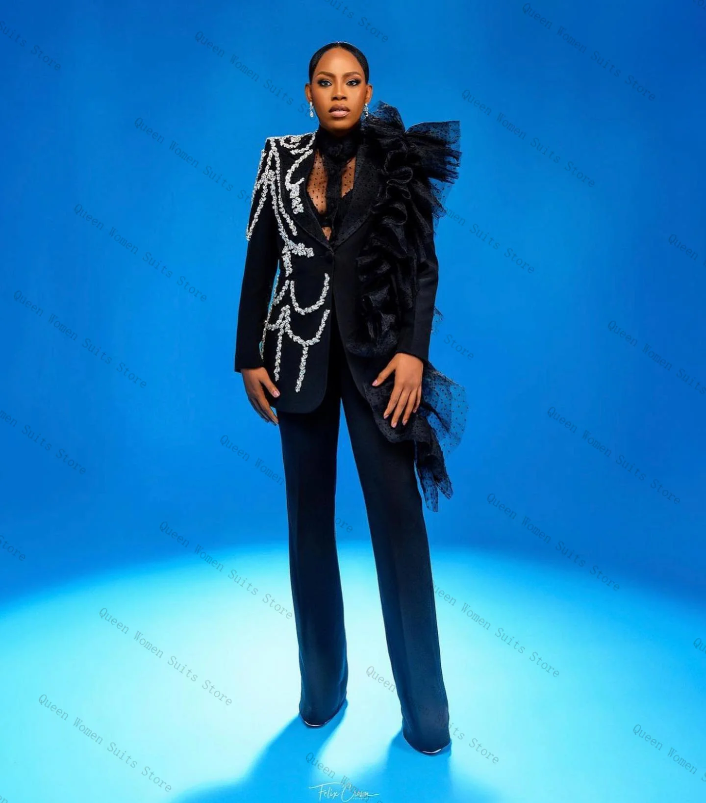 

Black Women Suit Set 2 Piece Blazer Pants Trouser Crystals Ruffle Formal Office Lady Jacket Cotton Wedding Bride Coat Customized