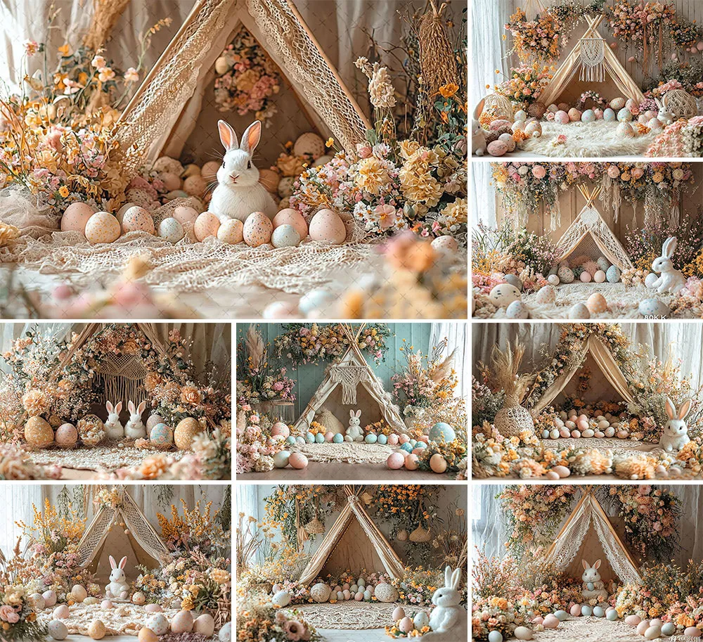 

Mehofond Photography Background Spring Easter Camping Tent Floral Rabbit Eggs Kids Birthday Portrait Decor Backdrop Photo Studio