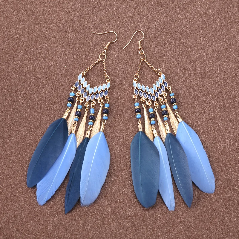 Boucles d'oreilles ethniques rétro pour femmes, perles arc-en-ciel, pompons en plumes, boucles d'oreilles pendantes, cerceau d'oreille Boho creux, accessoires de bijoux féminins