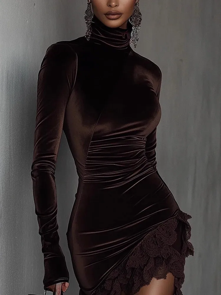 Elegante gola alta renda vestido de veludo mulher sexy elegante temperamento vestido fino vintage manga longa primavera outono mini vestido 2026