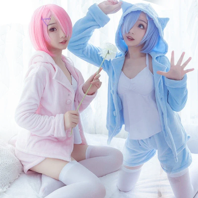 Cosplay Re:Life in a different world from zero Cosplay Rem Ram Sexy Cat Ear Ver Costume Women Anime Re zero Pajamas Wig