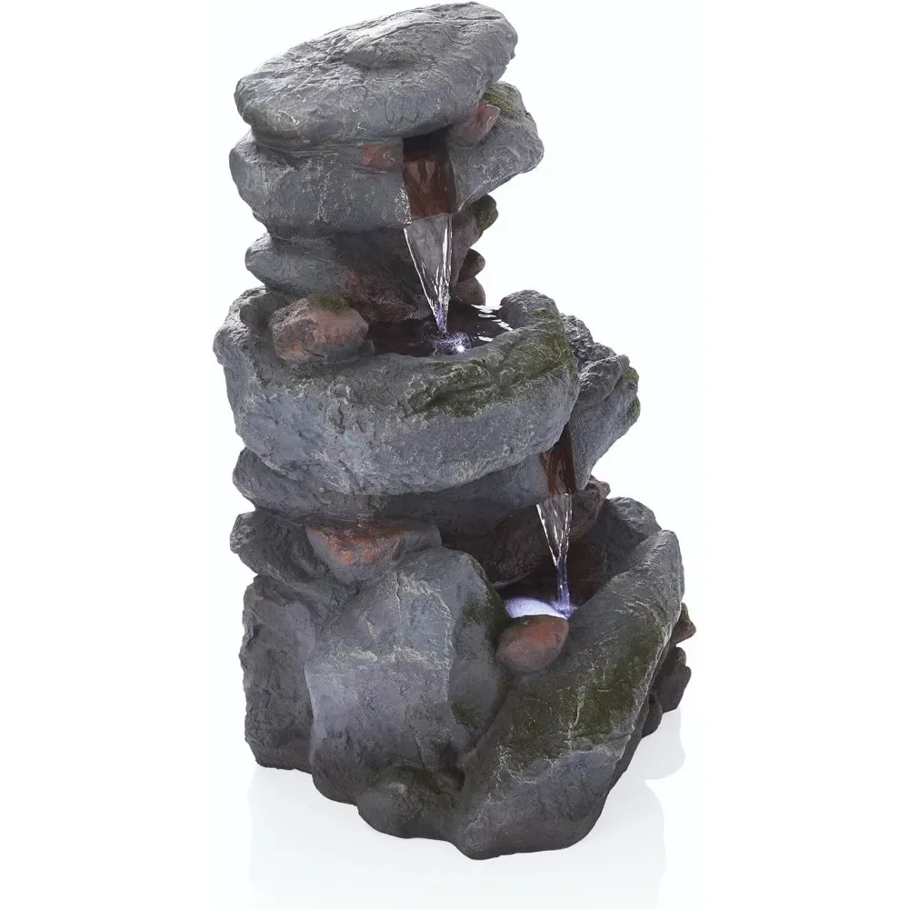 Fonte cascata de rocha de 3 camadas com luzes LED e aparência de pedra natural, 15 polegadas de comprimento x 13 polegadas de largura x 22 polegadas de altura