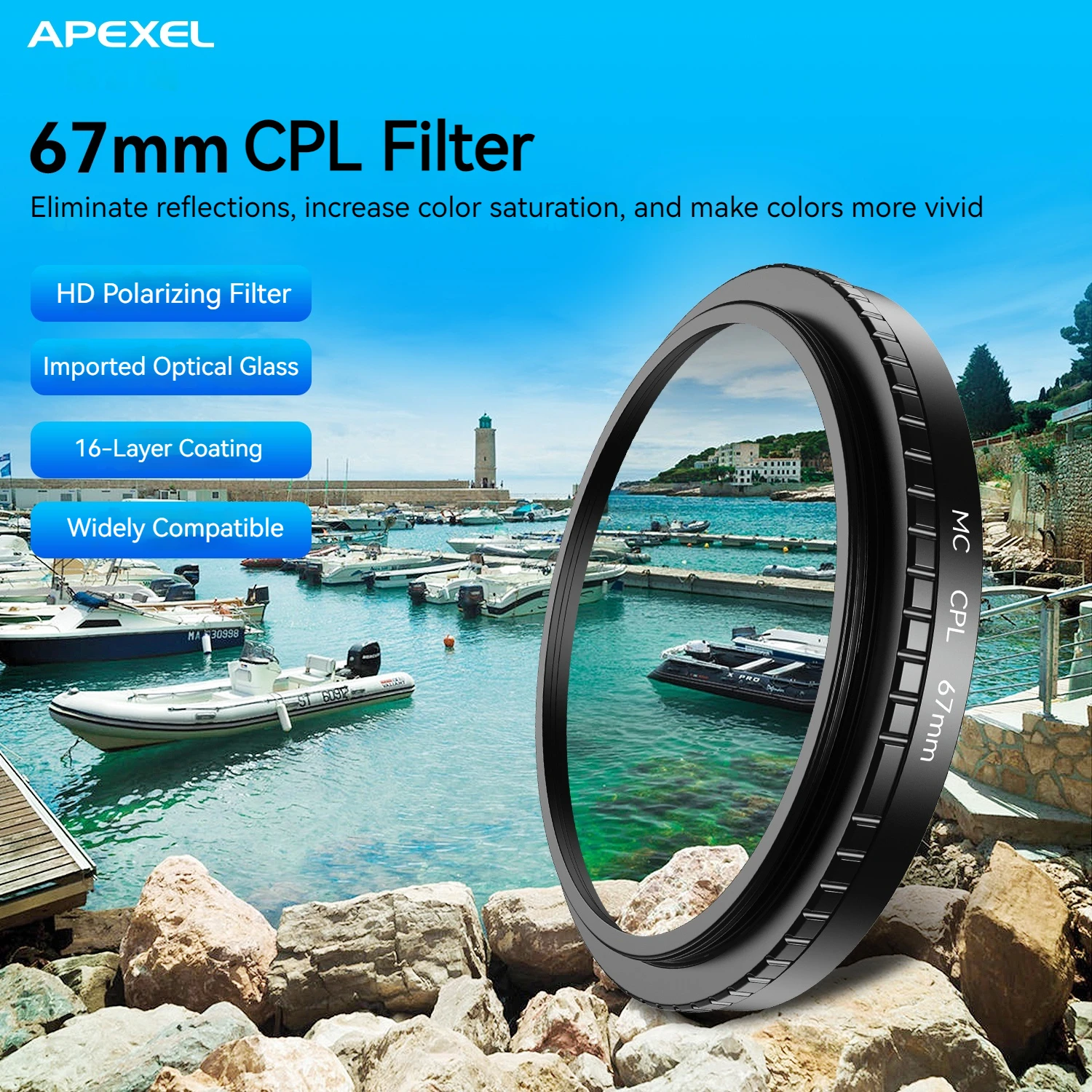 APEXEL CPL Filter 67mm Camera Lens Circular Polarizing Filter for Phone with Metal Cold Shoe Phone Clip Multi NANO Coated Glass