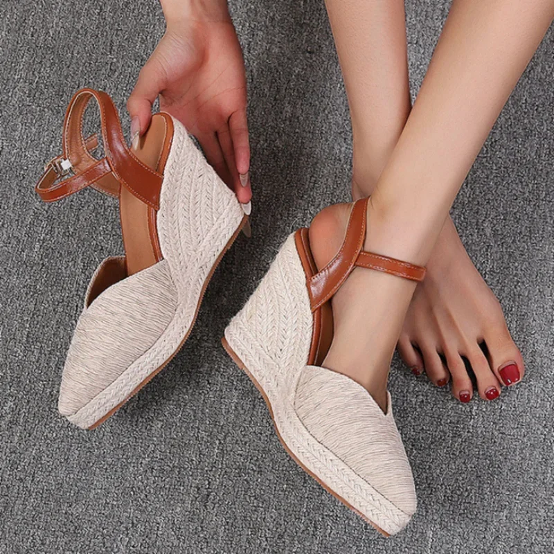 Suola spessa punta espadrillas sandalo scarpe da pescatore sandali con zeppa donna elegante piattaforma estiva tacco alto muslimah