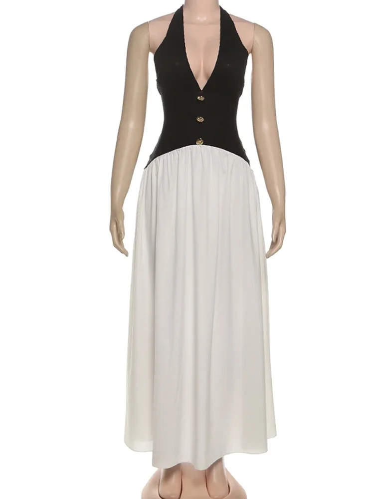 EOENKKY Sexy Halter Dress Women Backless Low Chest Lace-Up Patchwork Stripe Button Elegant Stretch Skinny French Maxi Bodycon