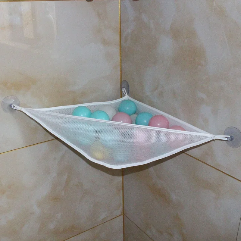 Saco do armazenamento da malha para o chuveiro do bebê, pendurado saco do armazenamento com ventosas, rede plástica, acessórios do organizador do