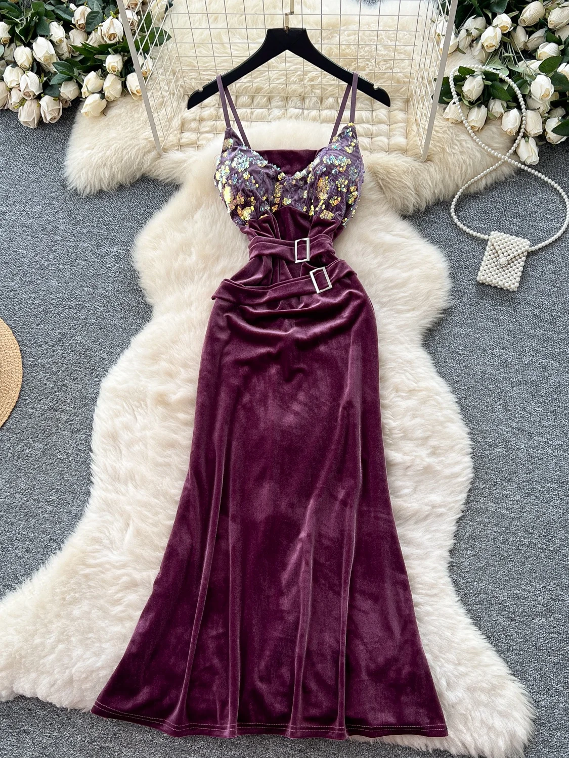 Ele velours paillettes Patchwork Dr femmes automne minceur taille haute coréen Sle trajet a-ligne jupe été Dr