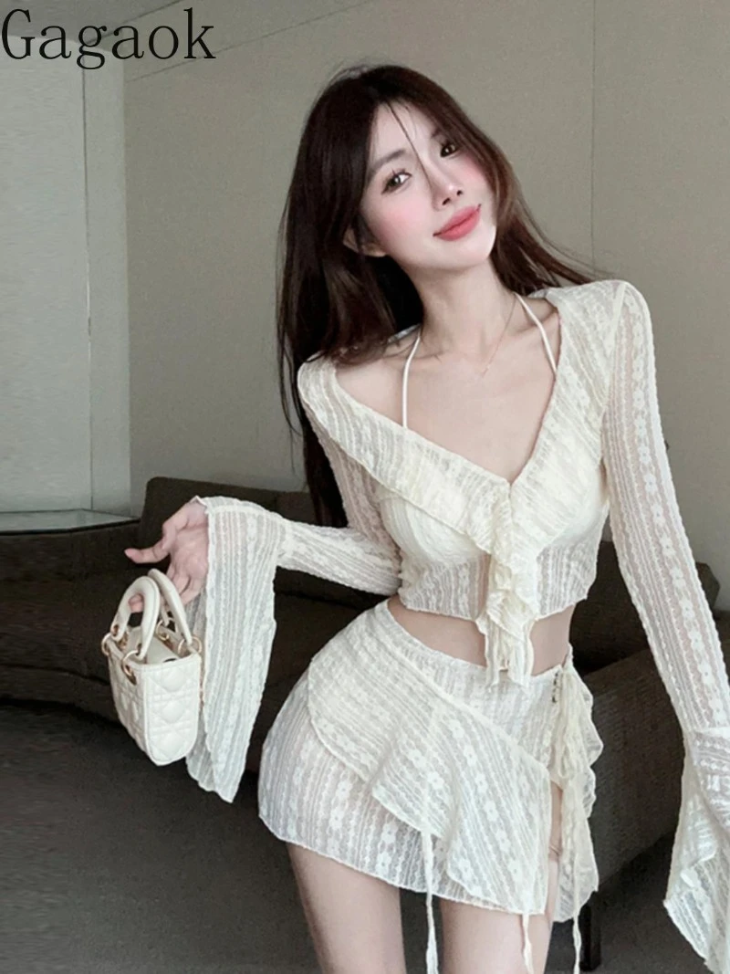 Gagaok Beach Style Two Piece Set Women Summer New Solid Sexy Vintage Fashion Suits V Neck Ruffles Tops Mini Skirts