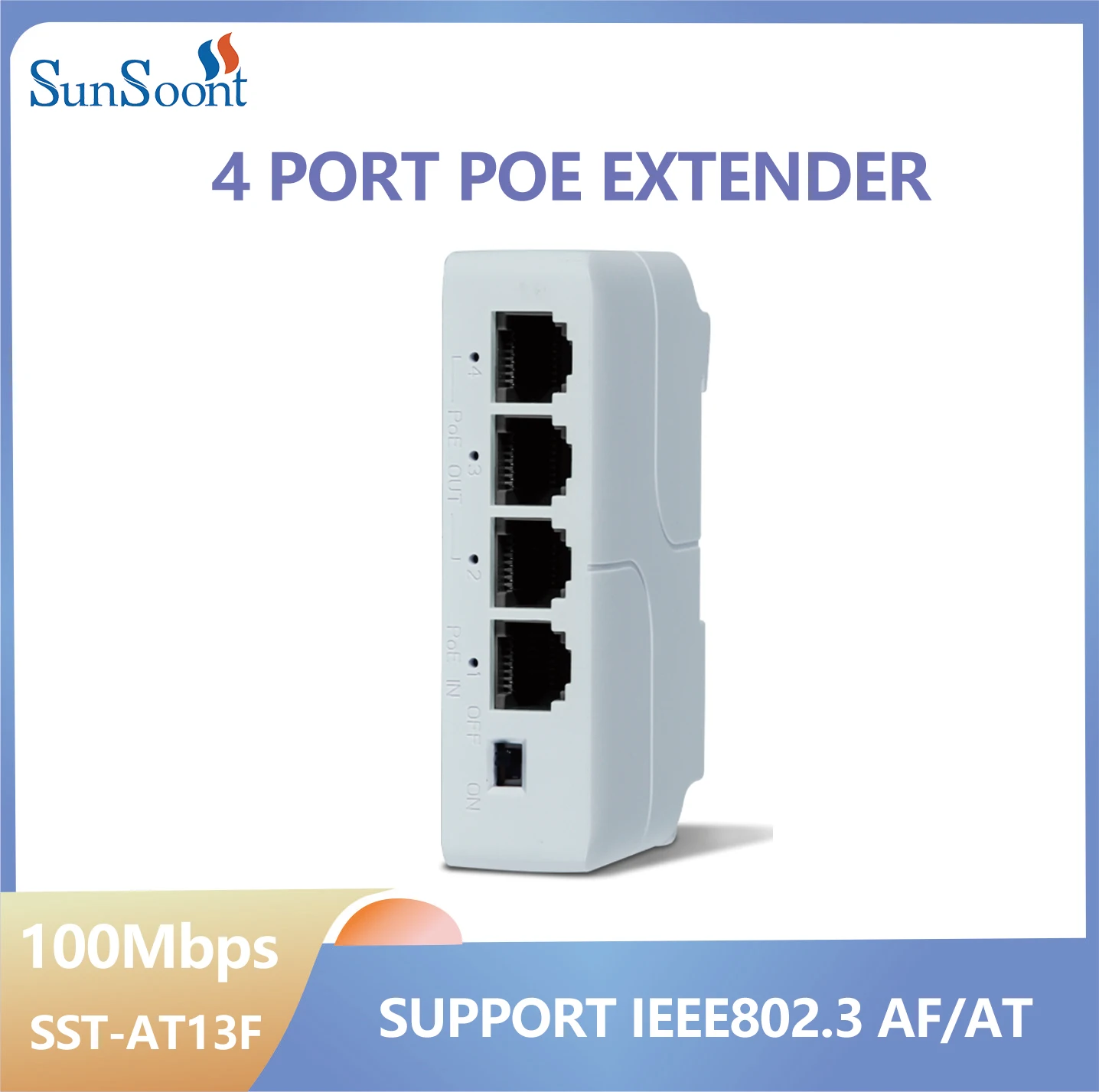 

SunSoont 4 Ports 100Mbps Ethernet POE Extender Support DIN Rail Mount Network Standard IEEE 802.3af/at for IPC/POE Switch