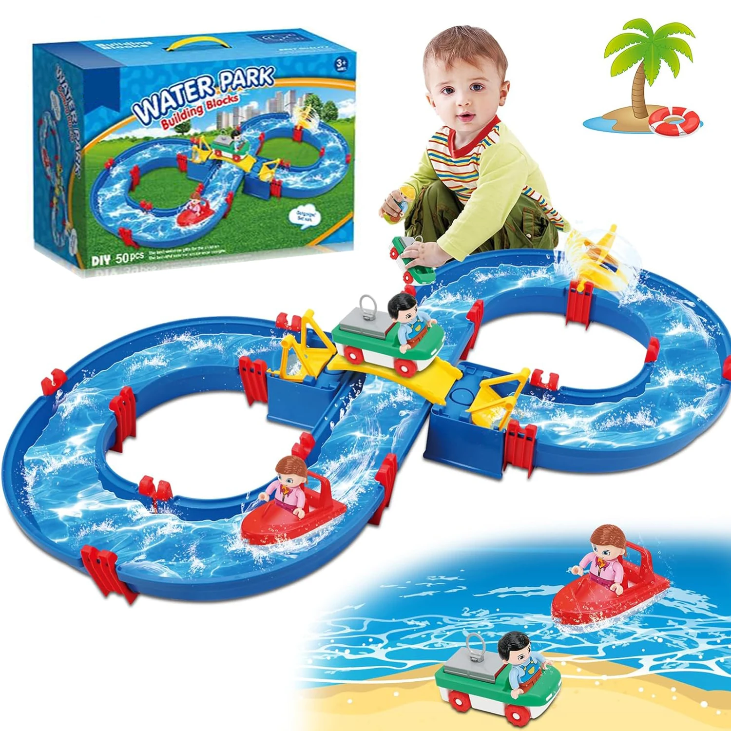 Kids Water Park Track Toy, 50PCS DIY Outdoor Waterway Playset with Boats, Summer Beach & Backyard Interactive Toy for Toddlers