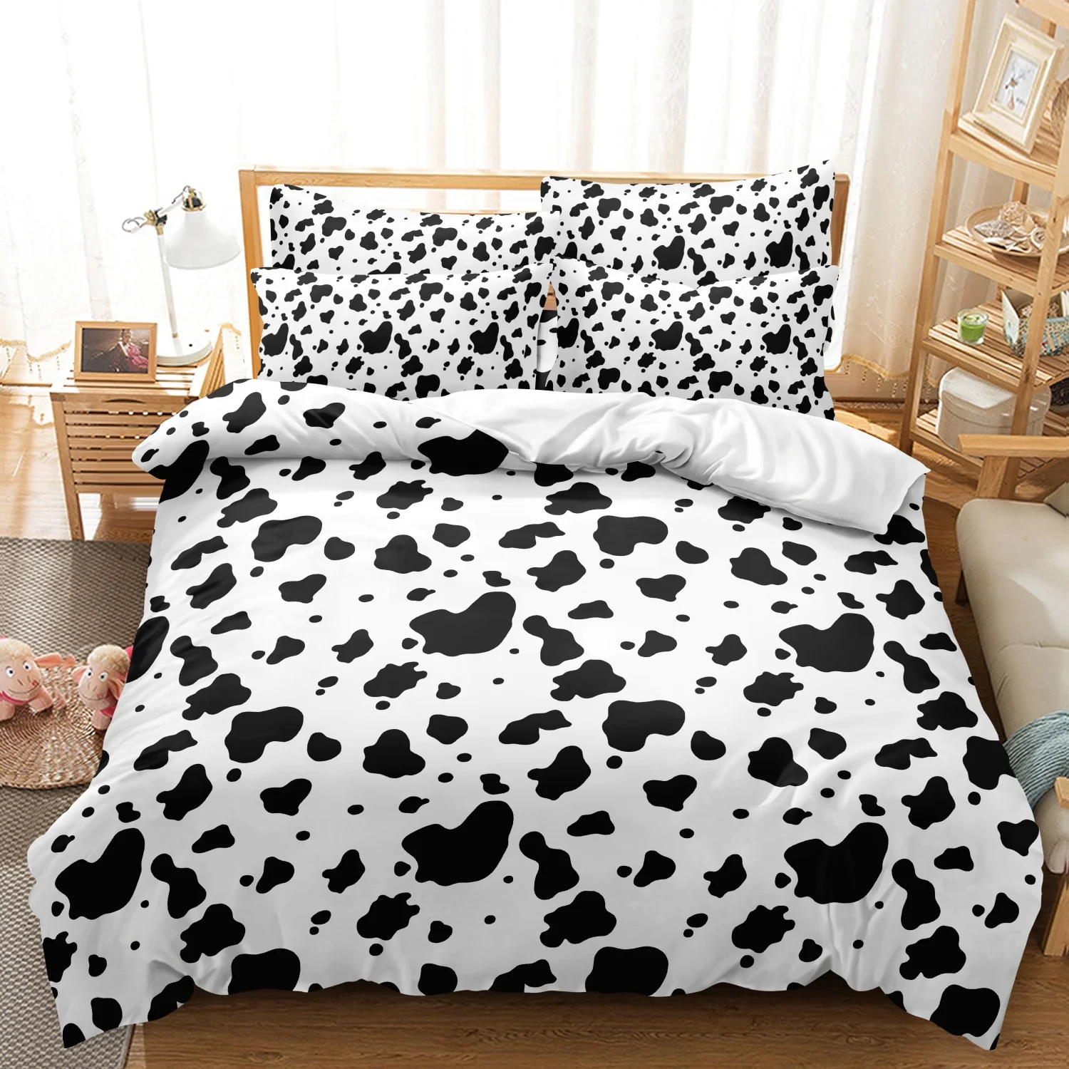 3 Pieces Modern Black White Cow Print Duvet Cover Set, Classic Cowhide Spotted Animal Print Bedding, Fashion Decor Bedding