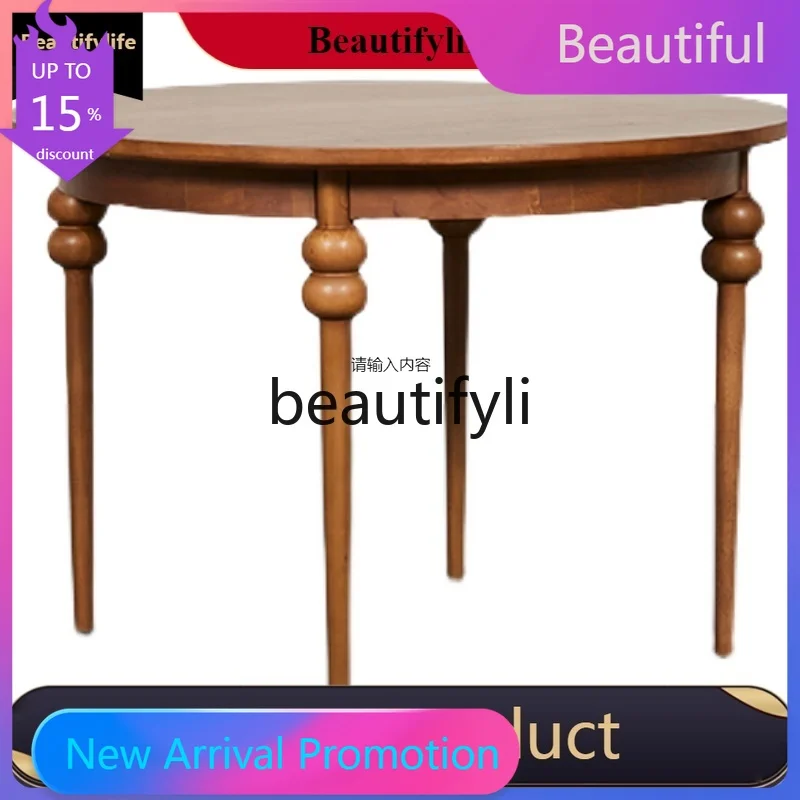 KK80  French Retro Dining Table Round Solid Wood Design Small Apartment Dining Set Customizable