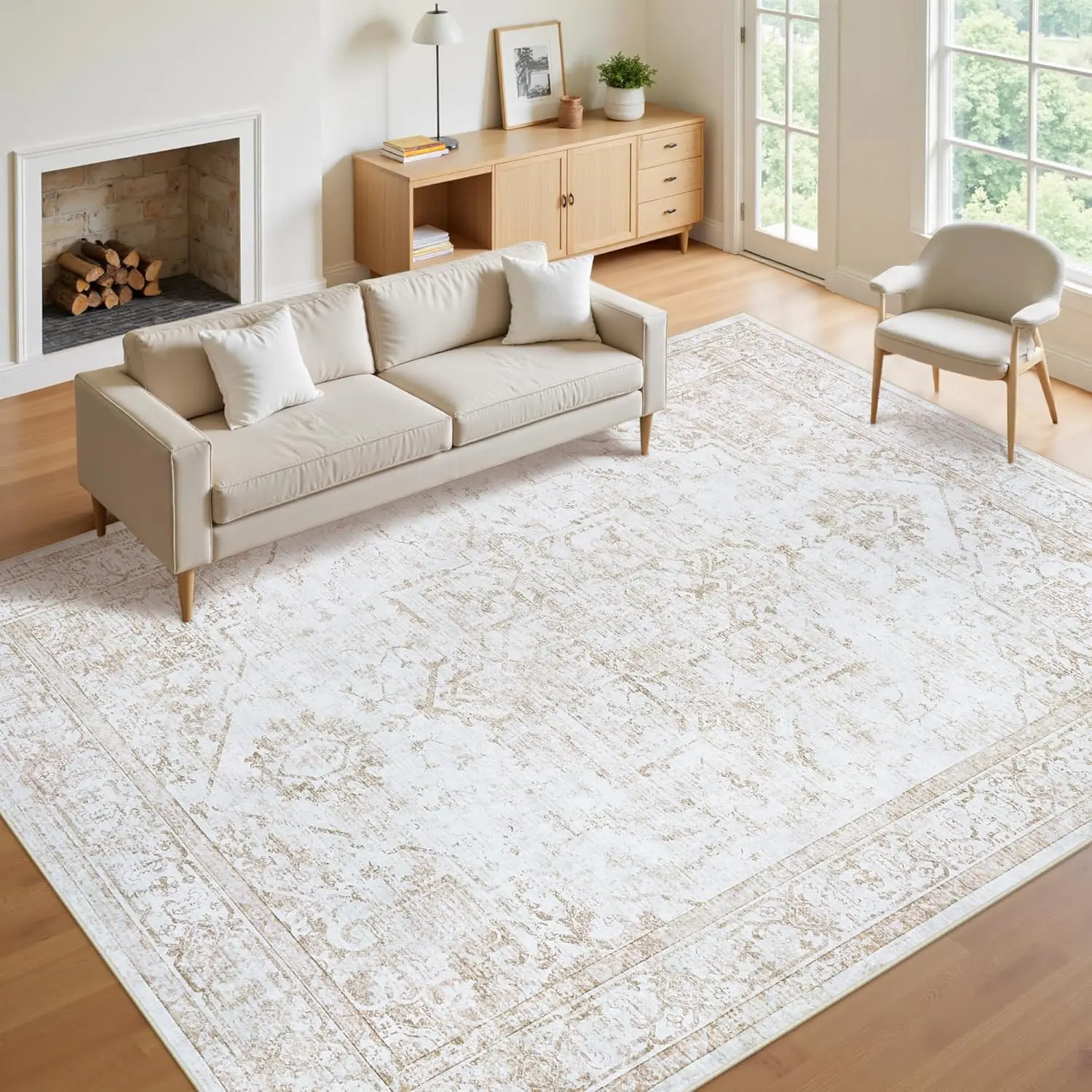 

8x10 Washable Area Rug Beige Non-Slip Low Pile Vintage Medallion Carpet for Living Room Bedroom Office