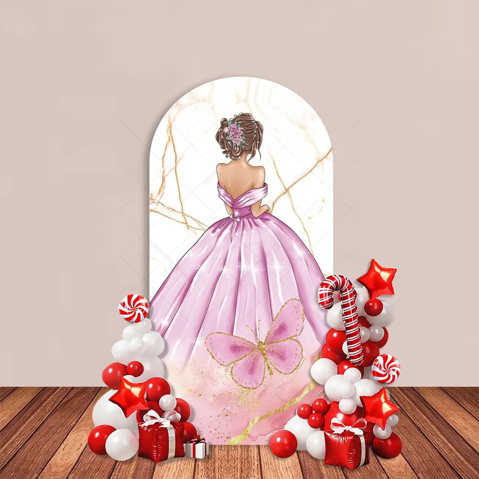 Quinceanera 15 Year Birthday Arch Backdrop Cover Pink Butterfly Marble Girl Princess Party Decor Cake Portrait Wall Background