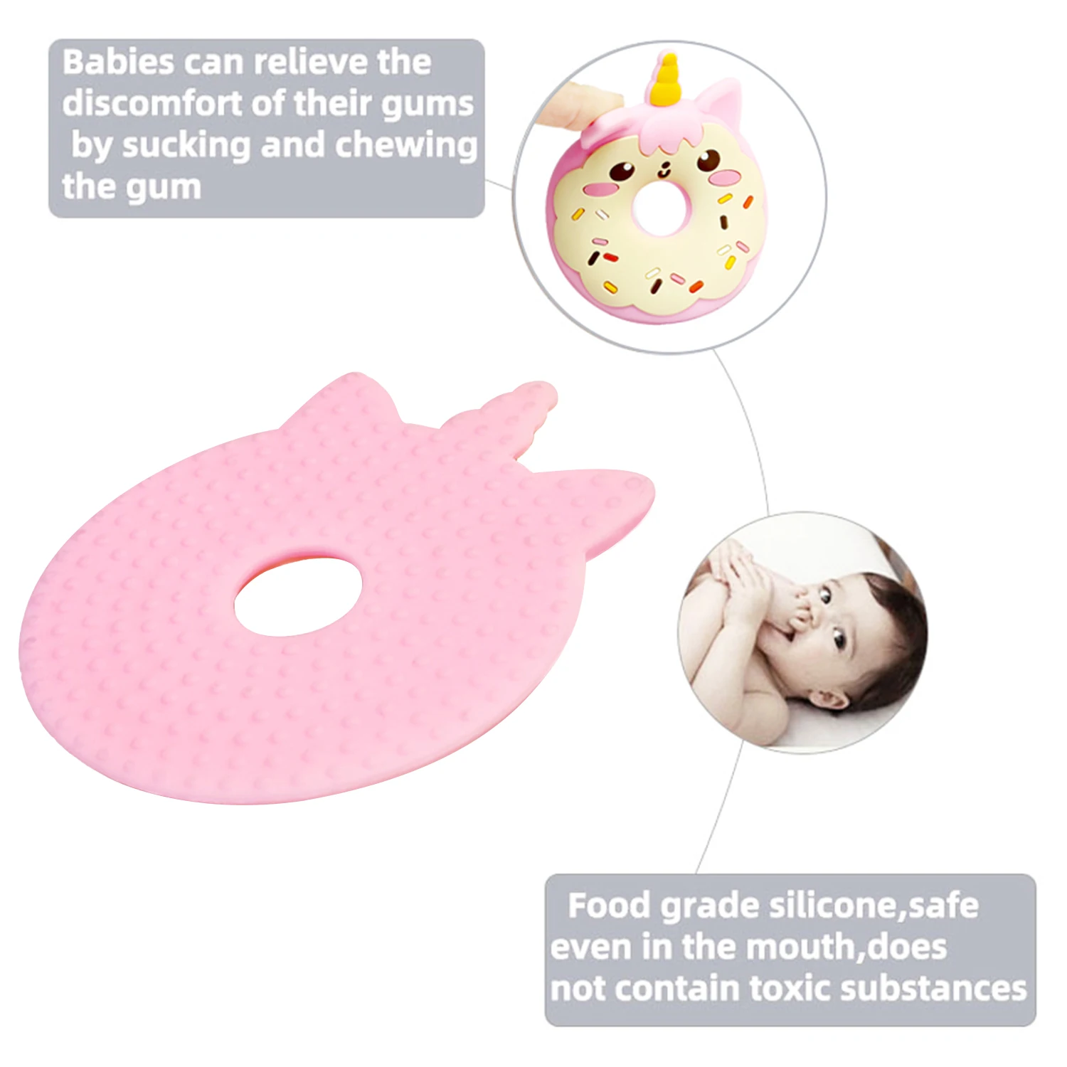 8 types Teething essential teethers, suitable for (3-12 months baby), donut unicorn shape design, silicone material teethers