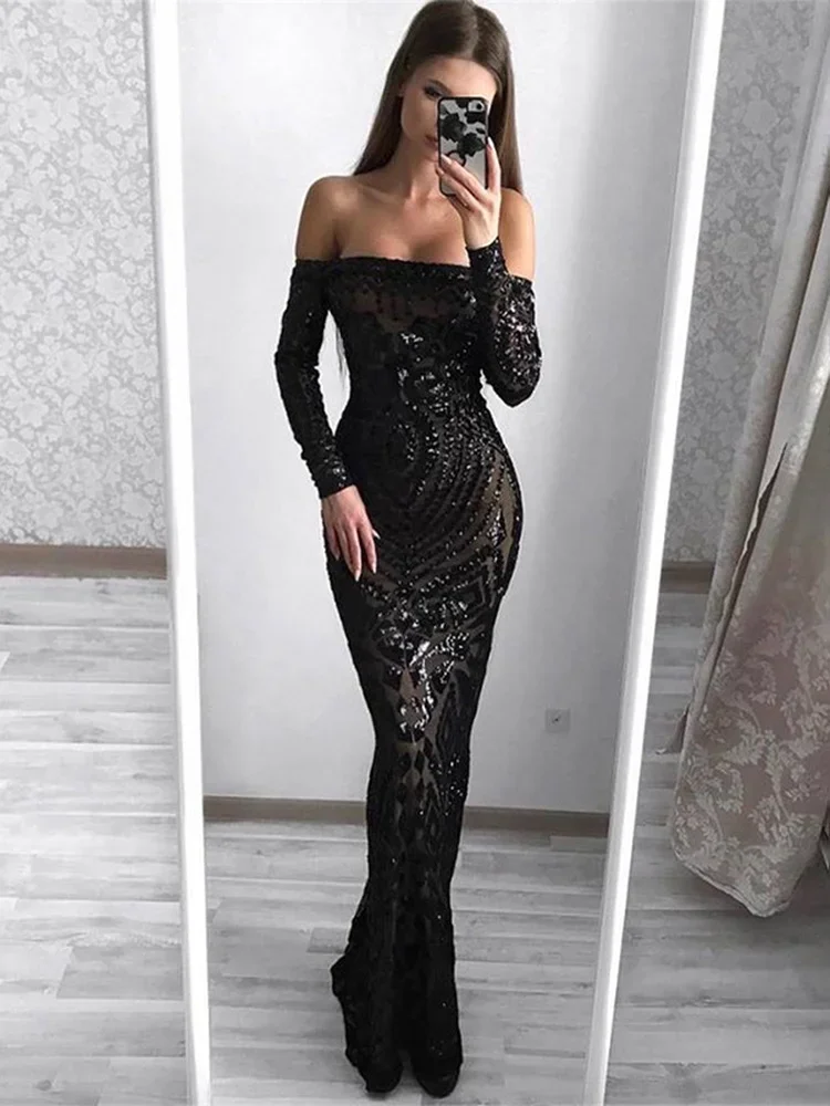 Sexy Long Trumpet Mermaid Dress Women Slash Neck Sequin Slim Club Dance Wedding Prom Party Night Clothes Maxi Bodycon Mesh Dress