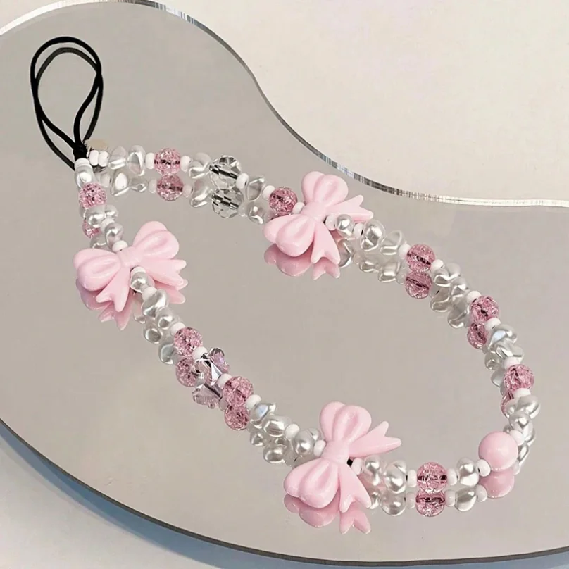

Fresh Bow Anti Drop Wrist Strap Phone Case Rope New Accessories for Women's Gifts Fashion Plush Beaded Love Phone Chain Lanyard