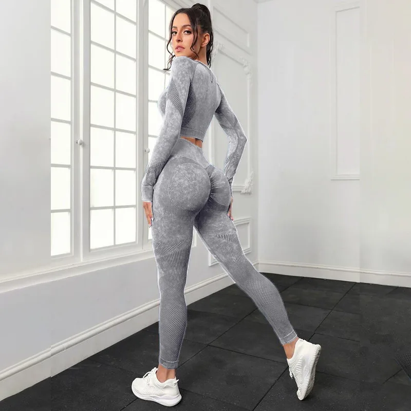 Mileegirl 2 uds conjuntos de Yoga para mujer, conjunto de pantalones deportivos sin costuras, medias caladas, conjuntos de Fitness para gimnasio,