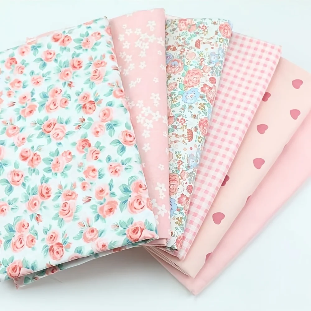 6pcs pink rose fabric, pre cut blocks, rose print with checkered and heart-shaped patterns - suitable for DIY handmade