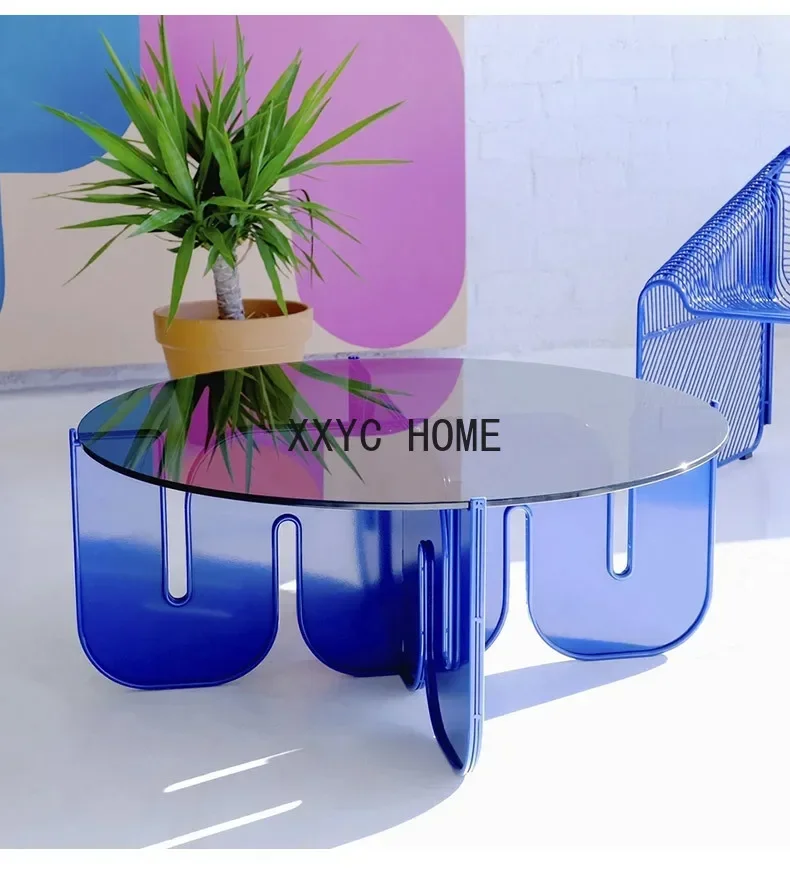 

Acrylic Tempered Glass Grid Red round Living Room Personality Designer Side Table