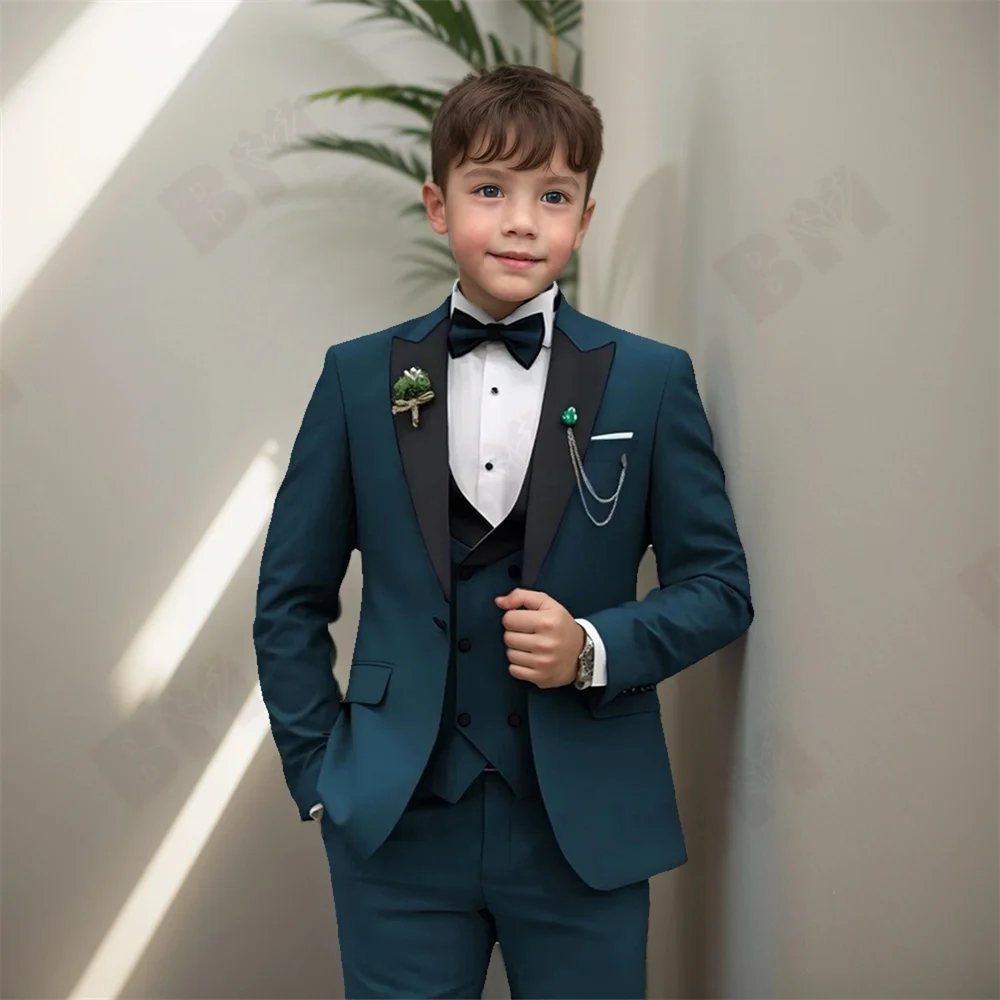 Children Dark Green Luxurious Birthday Dress 2024 Flower Boys Jacket Vest Pants Bowtie 4PCS Photograph Suit Kids Wedding Set