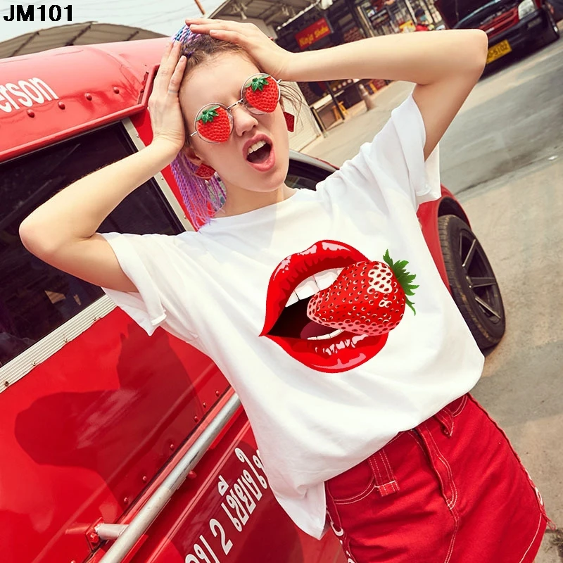 Camiseta Harajuku para mujer, y fresas Blusa con estampado de frutas, Top informal de manga corta para primavera y verano