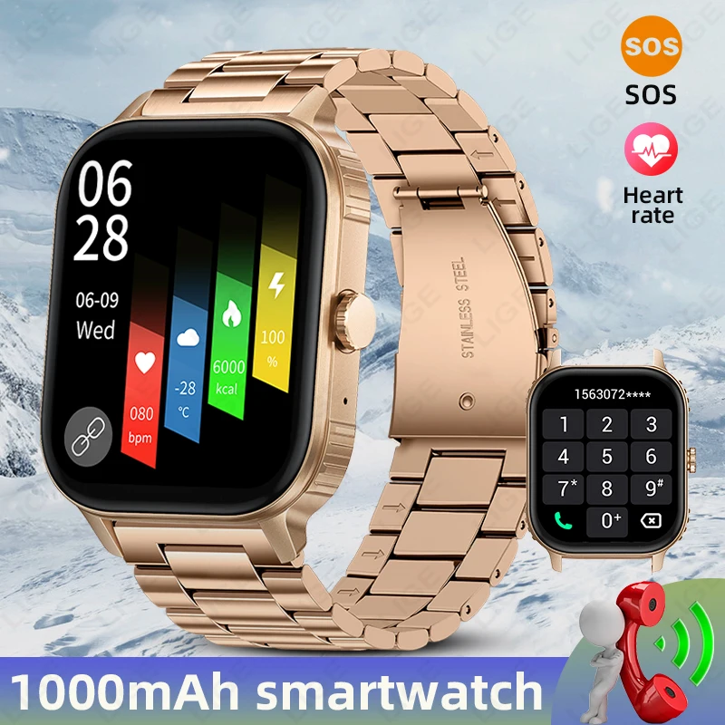 

LIGE Новые умные часы с аккумулятором 1000 мАч для женщин, 2,04 дюйма, HD-экран, Bluetooth-вызов, монитор сердечного ритма, IP68, спортивные водонепроницаемые умные часы