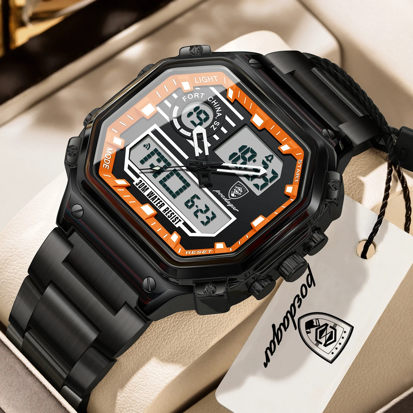 POEDAGAR Fashion Quartz Men Clock Waterproof Luminous Stainless Steel LED Man Watch Week Date Electronic Military Men's Watches