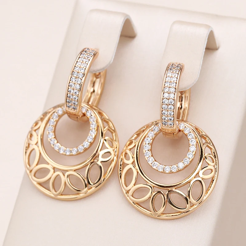 Kinel Luxury 585 Rose Gold Dangle Earrings for Women Unusual Metal Sculpture Flower Natural Zircon Wedding Fine Daily Jewelry