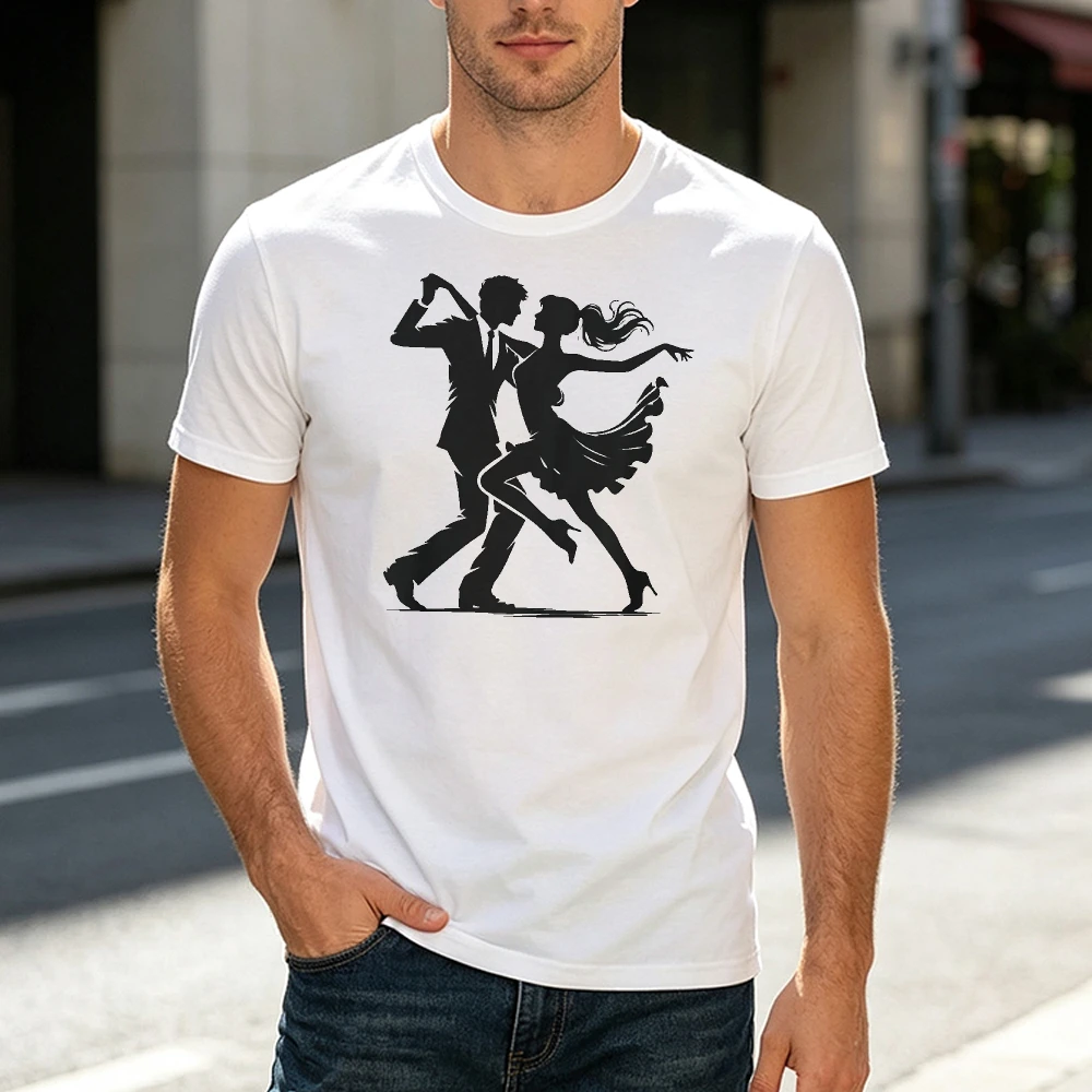 Ballroom Latin Dancer Couple Silhouette Print Short Sleeve Casual Tee Breathable Soft Tops Dance Lover Men T Shirt