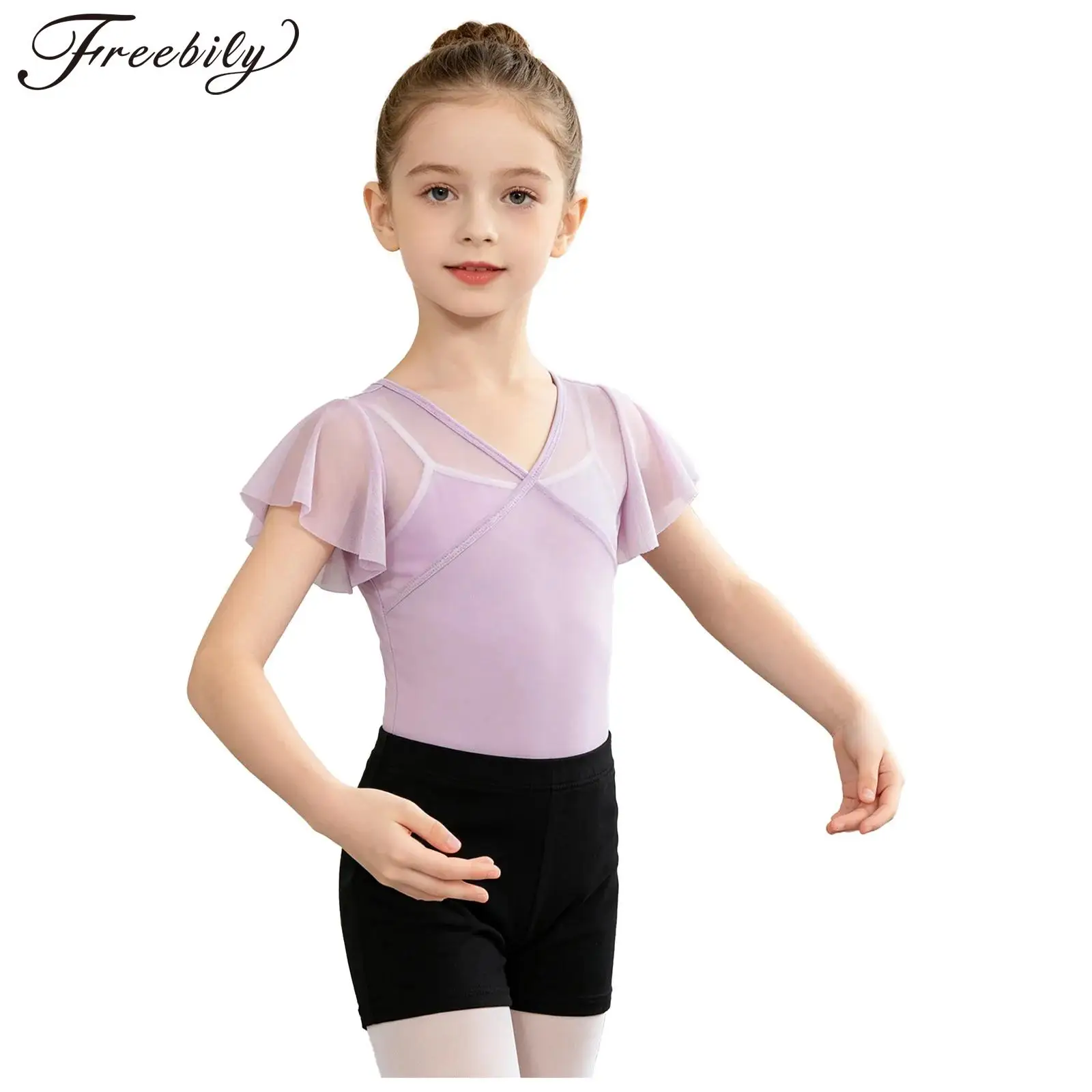 Kids Girls Classical Dance Tops Basic Short Sleeve V-neck Sheer Mesh Top Ballet Dance Gymnastics Yoga Training Warm Up Clothing