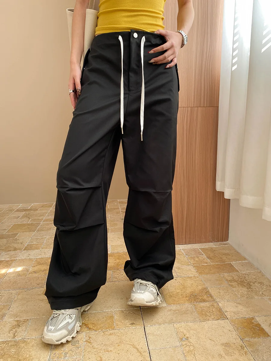 

Spring women's casual solid color high waist loose wide leg pants
