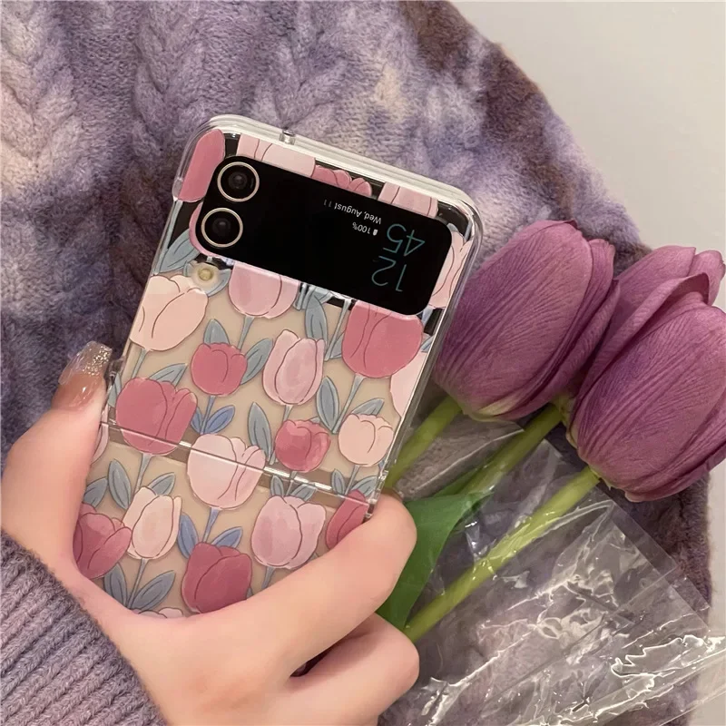 Romantic Pink Tulips Phone Case for Samsung Galaxy Z Flip6 4 3 Hard Cover for ZFlip5 Flip3 Zflip4 Solid Shell Bracket