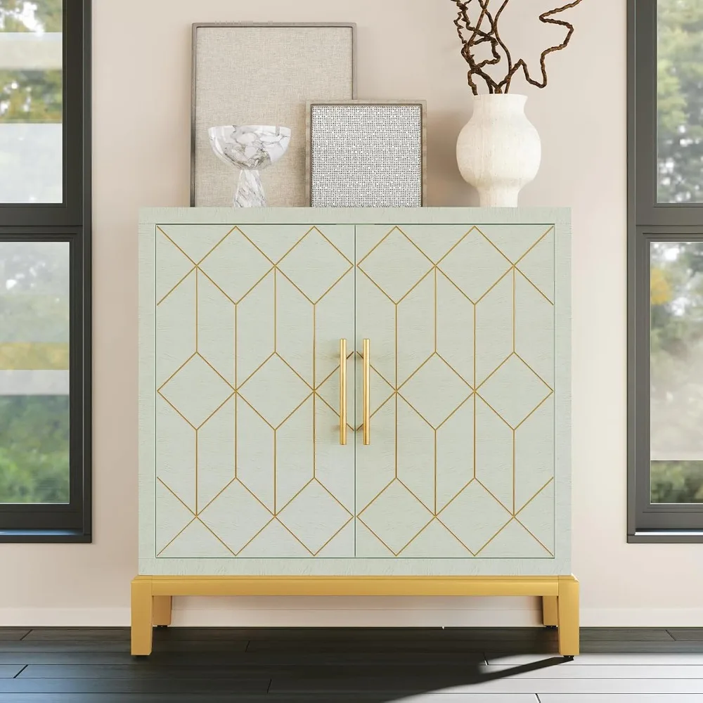 

Green Accent Cabinet with Gold Trim,Storage Cabinet with 2 Doors,Modern Wooden Sideboard for Living Room, Kitchen, Office an