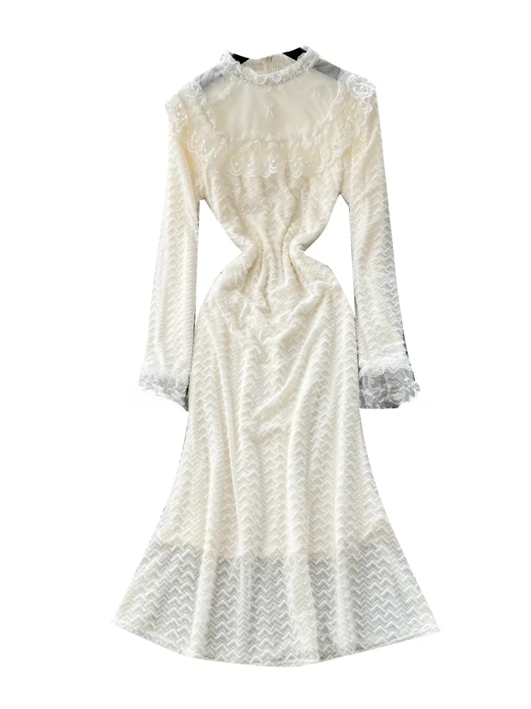 フレンチスレ ロングスベ レーストリム 重刺繍 レディース ドル 秋冬 ハイウエスト Aライン インナーウェア シー通勤