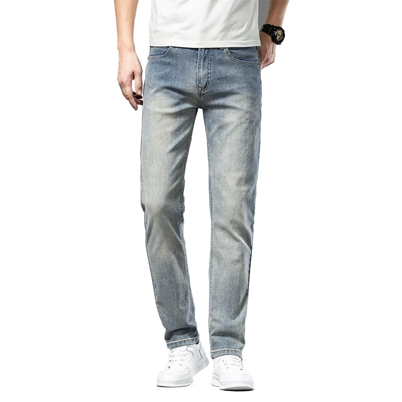 Summer new high quality retro vintage jeans for men slim fit straight leg elastic trendy and versatile pants for young men