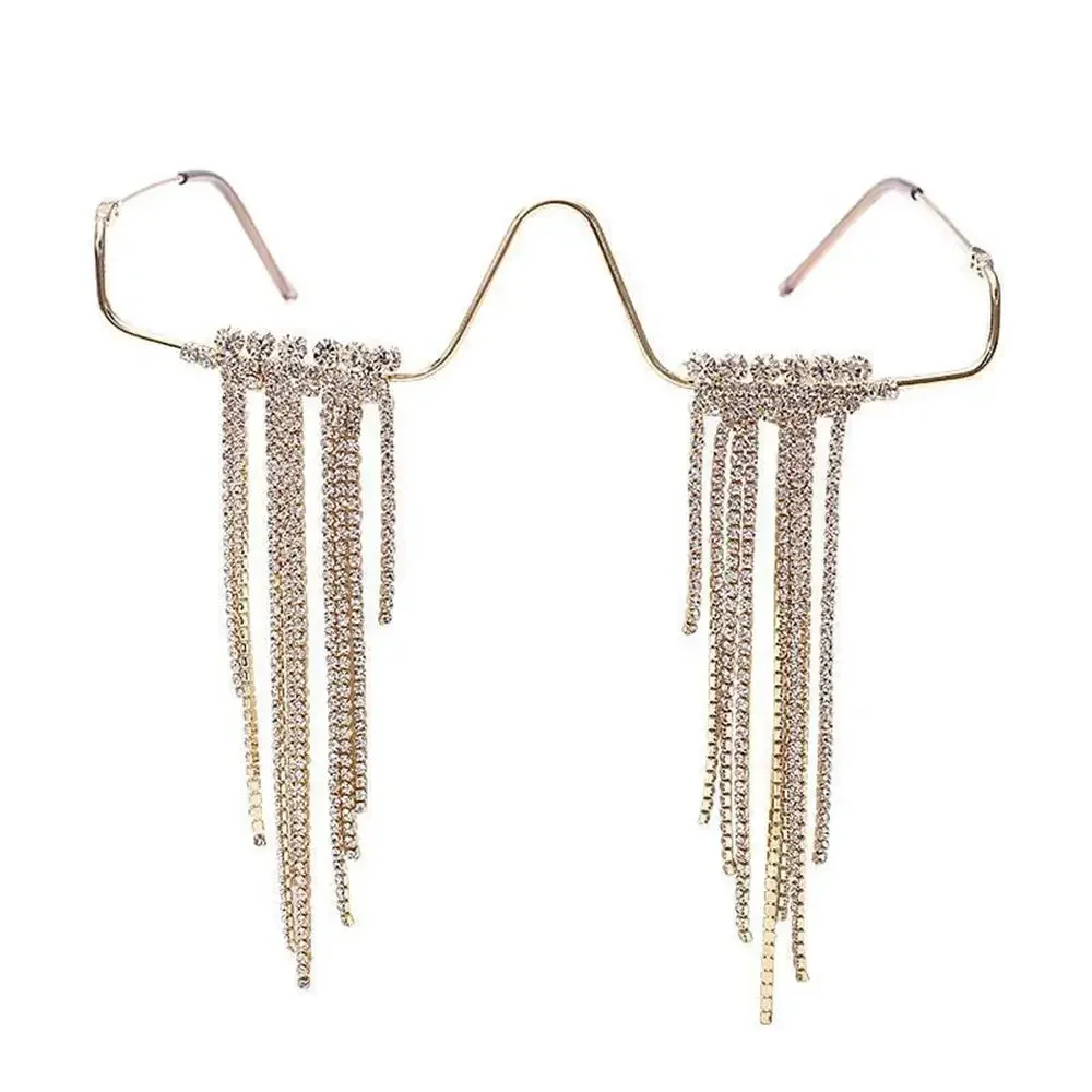 Mode Quaste Halb Metall Brillengestell für Frauen Kristall Gesicht Kette Schmuck Brillen Kpop Make-Up Strass Zubehör Keine Linse – Detail 5
