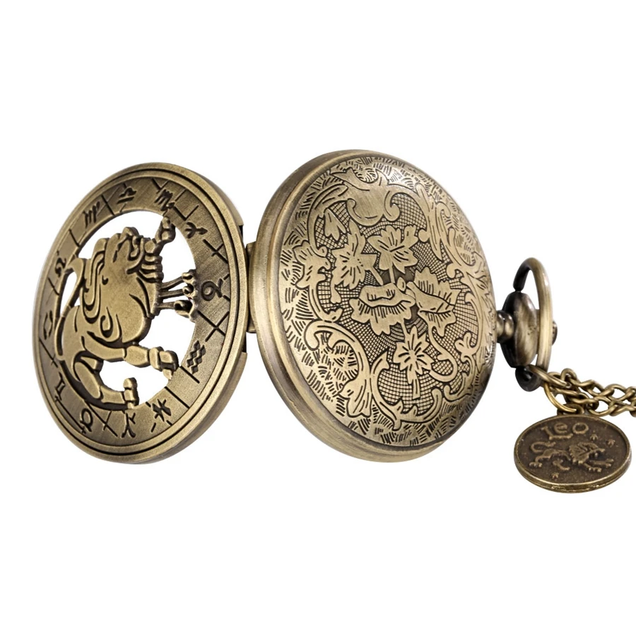 Unisex zodiaco leone segno orologio da tasca al quarzo ciondolo costellazione collana in bronzo retrò ciondolo leone regalo gioielli con accessorio