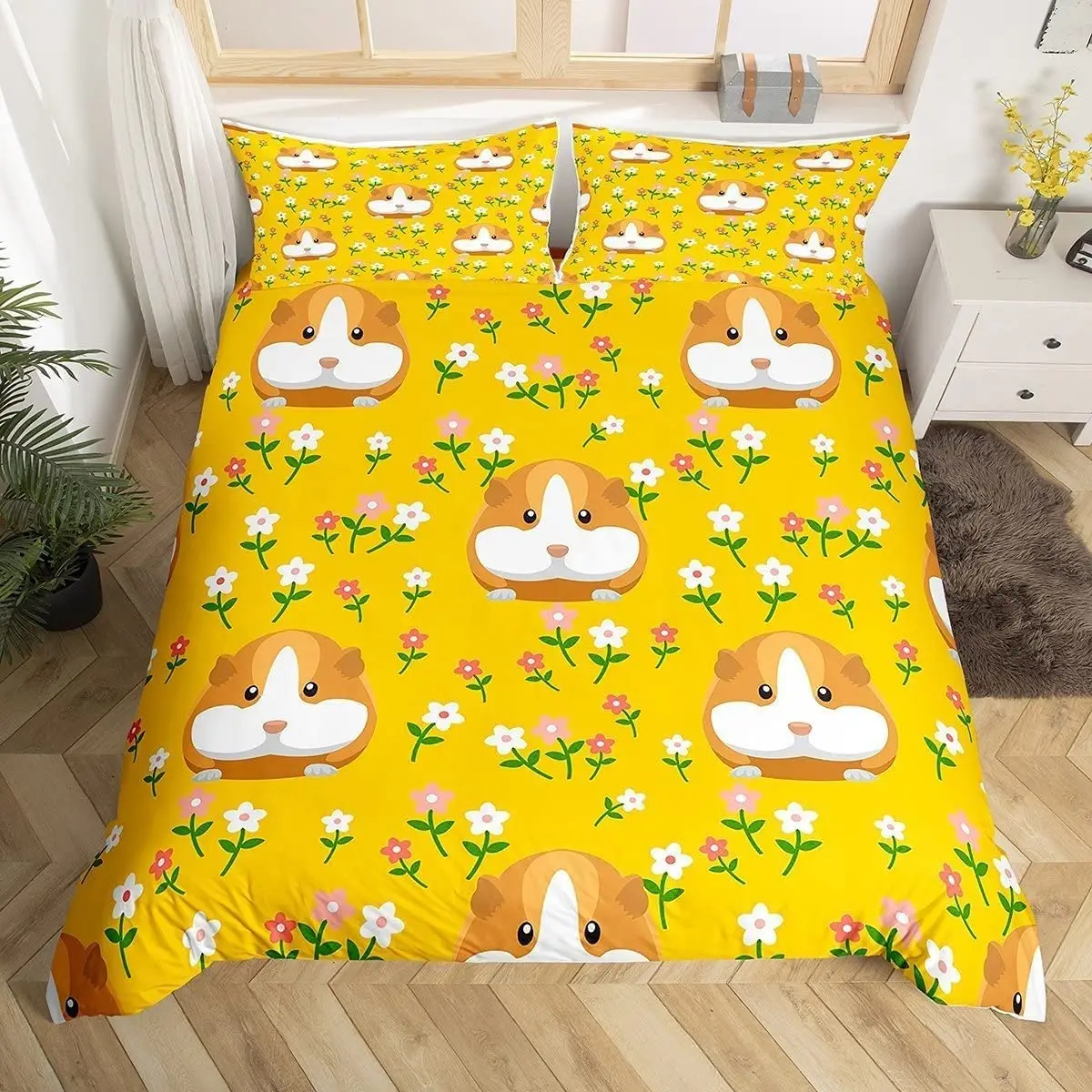 Guinea Pig King Queen Bedding Set Lovely Cartoon Mouse Duvet Cover Flower Plant Animal Comforter Cover Polyester Quilt Cover