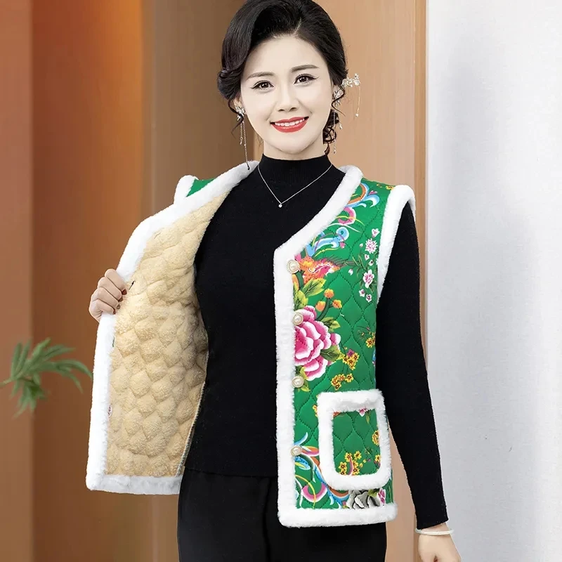 Winter Chinese Style Women's Printed Cotton Vest Sleeveless Jacket Plus Fleece Warm Jacket Female Waistcoat Snow Parker Outerwea