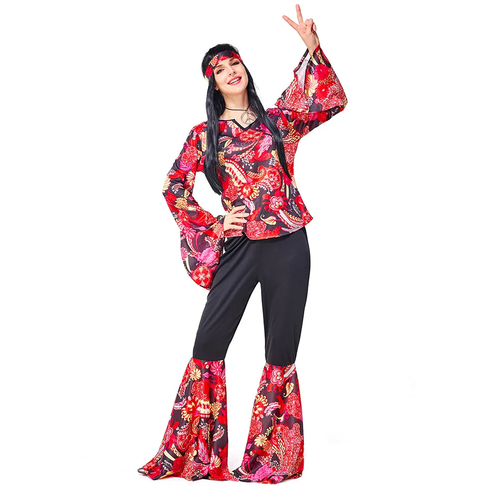 Women's Hippie Costumes Retro 60s 70s Disco Party Stage Performance Suit Halloween Purim Cosplay Fancy Dress Up