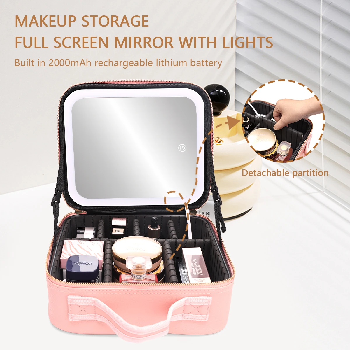 LED Lighted Cosmetic bag With Mirror Professional Makeup Case For Women Large Capacity Female Waterproof PU Travel Makeup Bags