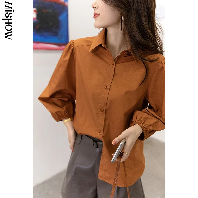 MISHOW 100% Cotton Fashion Button Up Shirt Women Spring Autumn Lantern Long Sleeve Blouses Polo Neck Loose Top Female MXA35C0089