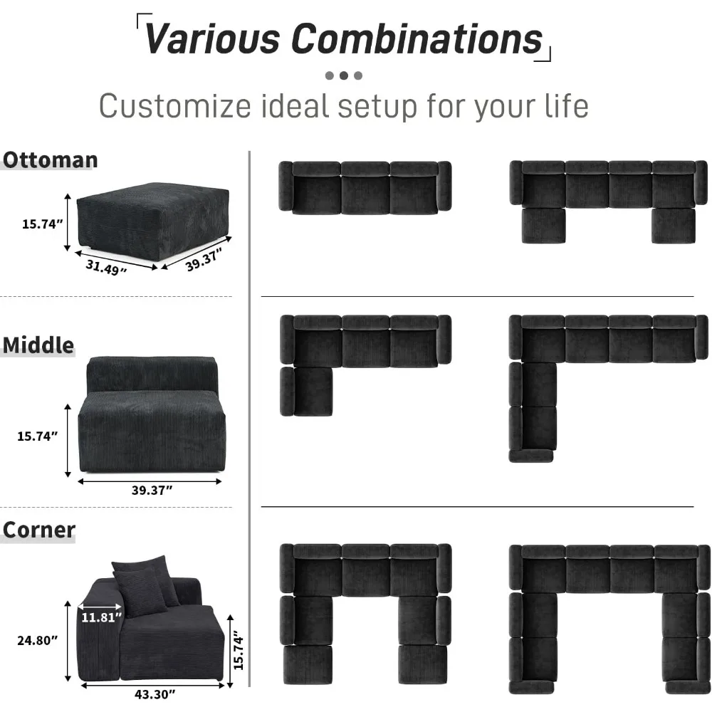 Canapé sectionnel modulaire en tissu velours côtelé avec 4 oreillers, causeuse respirante, housses de coussin confortables et parfaites