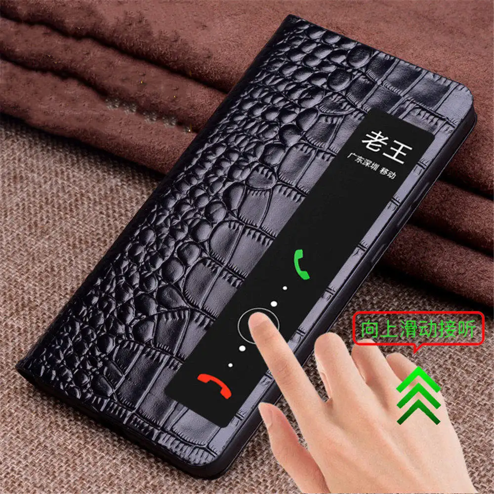 Genuine Cowhide Leather Crocodile Flip Case for Huawei Pura 70 Pro 70 Ultra 70 Window View Business Cover