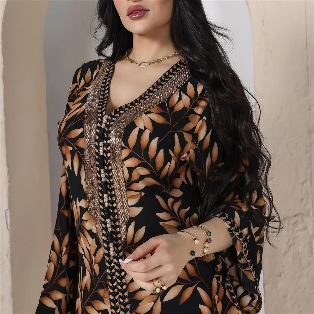 Leaf Print Jalabiya Dubai Abaya Dress for Women Eid Diamonds Moroccan Caftan Turkey Arabic Muslim Islamic Clothing Ramadan Robe