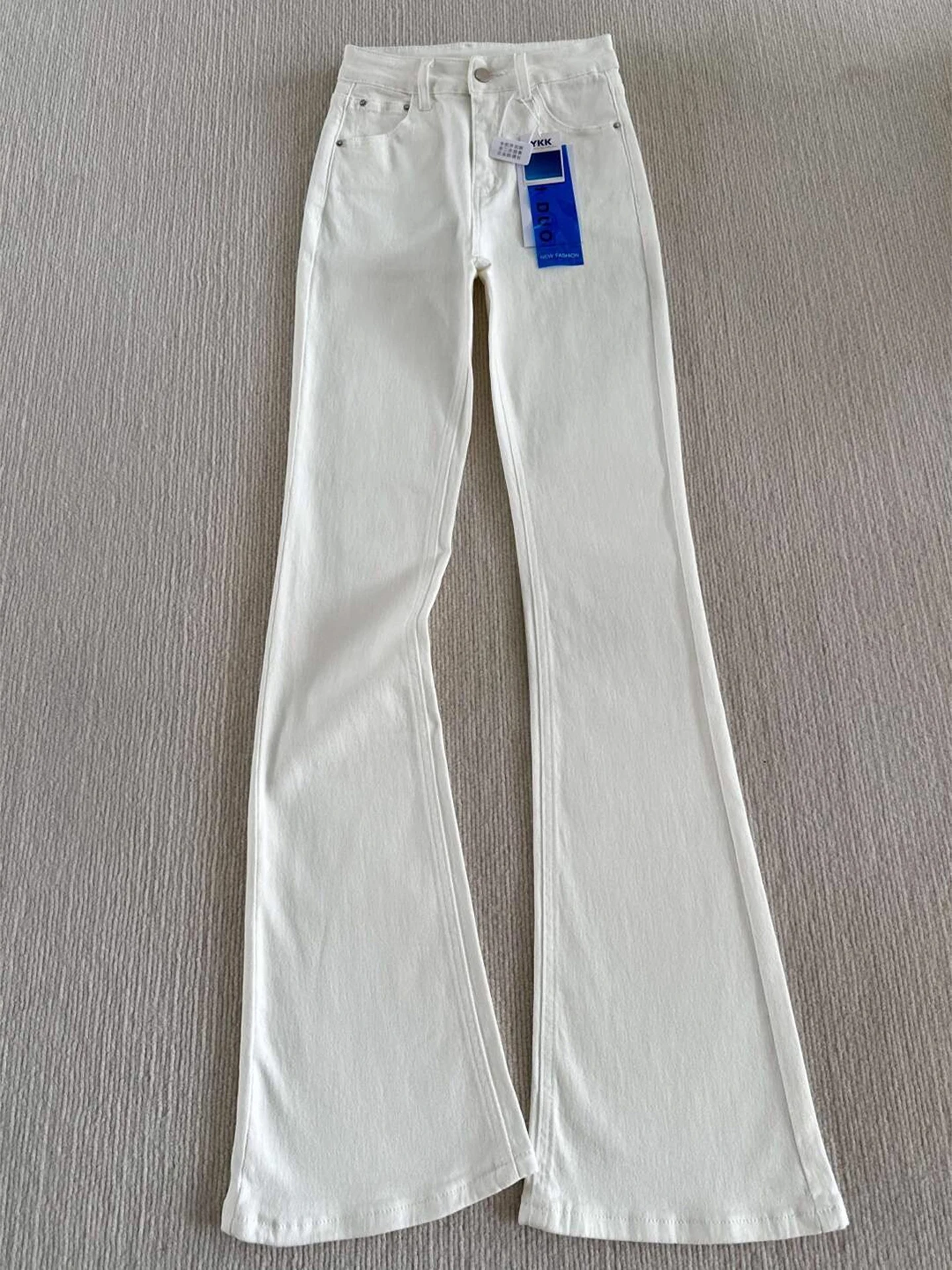 Celana Jeans Putih Model Flare Pinggang Tinggi Slim Fit Pria Wanita Musim Gugur Musim Dingin Panjang Selutut Model Bootcut Celana Jeans Kaki Lurus